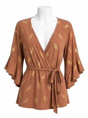 Size 2X Torrid Women’s Gold Feather Wrap Tie Waist Bell Sleeve Top